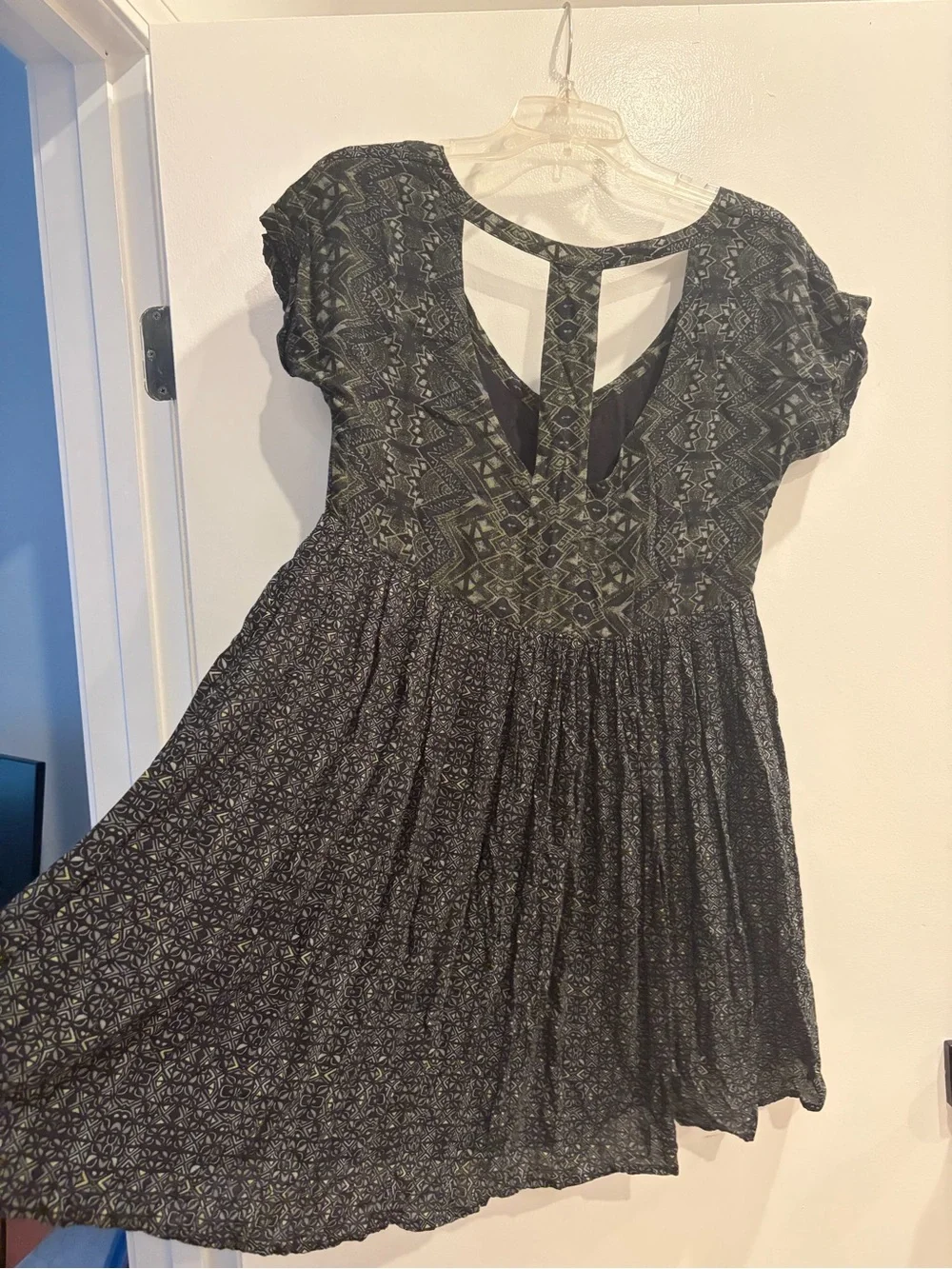 Free People Black Patterned Short-Sleeve Boho Dress